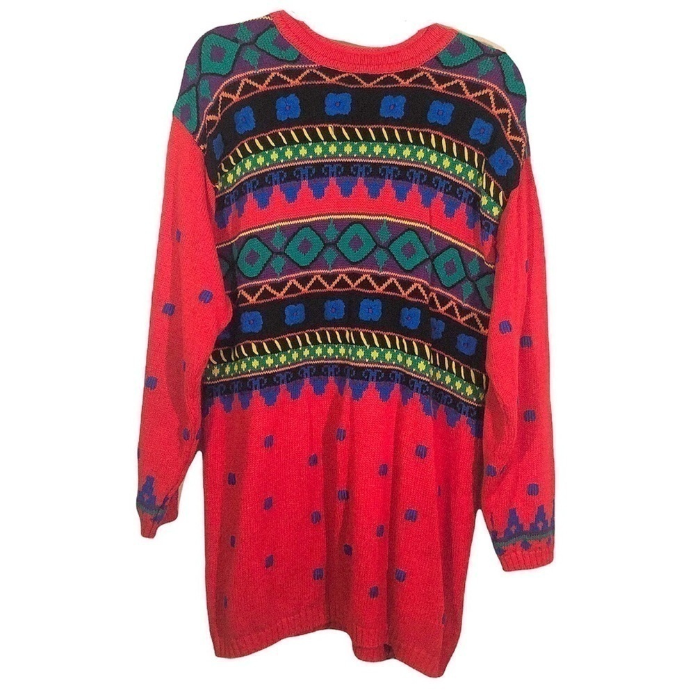 Vintage 80s Carol Little Sport Patterned Long Sweater L